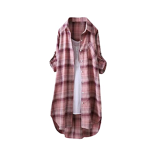 Karierte Bluse Damen Oversize Langarm Shirt Lang Knopfleiste Hemd Lose Frühling Sommershirt Blusenshirt Oberteile Tunika Große Größen Tops T-Shirts & Blusen für Frauen Übergröße Longbluse