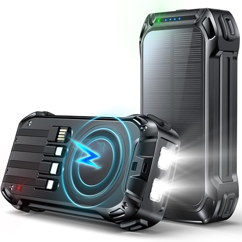 Solar Powerbank 26800mAh: 30W PD 3.0A USB C Power Bank Schnellladen mit 4 Kabeln, 6 Ausgänge/3 Eingänge, 15W Wireless Charger, LED Leuchtanzeigen, Taschenlampe, Externe Handy-Akkus für Outdoor Camping