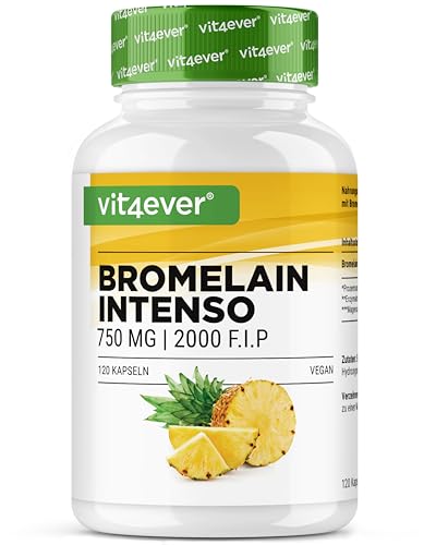 Bromelain Intenso - 750 mg (2000 F.I.P) - 120 magensaftresistente Kapseln - Natürlicher Ananas Extrakt - Laborgeprüft - Vegan - Hochdosiert