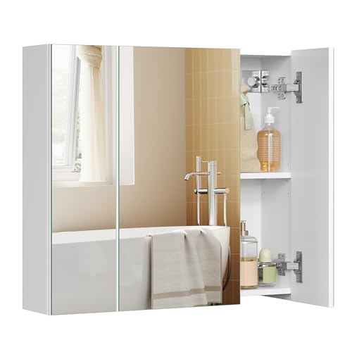 VASAGLE Spiegelschrank, Badezimmerschrank, Aufbewahrungsschrank mit 3 Türen, fürs Badezimmer, 15 x 60 x 55 cm, mit verstellbaren Regalebenen, modern, weiß BBK22WT
