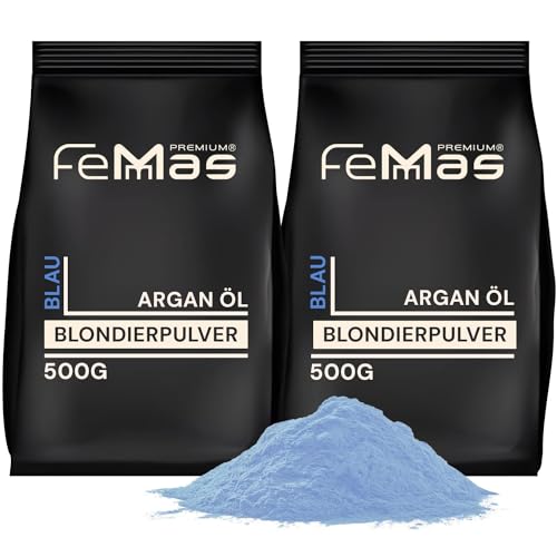 FemMas Blondierpulver blau 1000 g I Blondierungspulver mit Plex-Technologie & Arganöl I ultra stark & staubfrei I gleichmäßige Blondierung I Hair Bleach für Aufhellungen bis zu 9 Nuancen