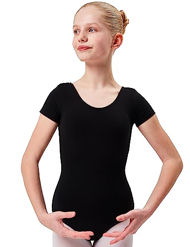 tanzmuster Ballettanzug Mädchen Kurzarm - Sally - aus weichem Baumwollstoff - Ballett Trikot Ballettbody in schwarz, Größe 164/170