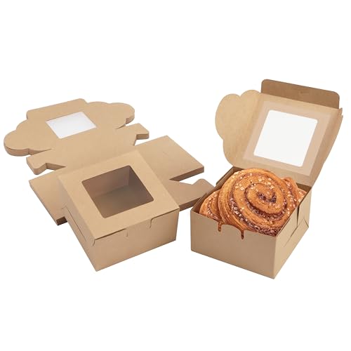 Belle Vous Braune Kraftpapier Geschenkboxen für Gebäck mit Sichtfenster (50Stk) – 10,16x10,16x5,7cm Karton Box Verpackung – Cupcake Schachtel Einweg Pappschachtel für Kekse, Kuchen, Dessert, Geschenke