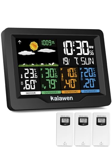 Kalawen Wetterstation mit 3 Außensensoren Innen und Außen Multifunktionale Funkwetterstation Farbdisplay Digital mit Thermometer Hygrometer DCF-Funkuhr Weather Station für Zuhause Büro Hausgarten