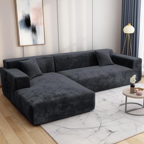 HEYOMART Sofabezug Ecksofa L Form Stretch Plüsch Sofa Überzug Universal Couchbezug Für 1/2/3/4 Sitzer - 3 Sitzer, Dunkelgrau (L Form Ecksofa Erfordert Zwei)