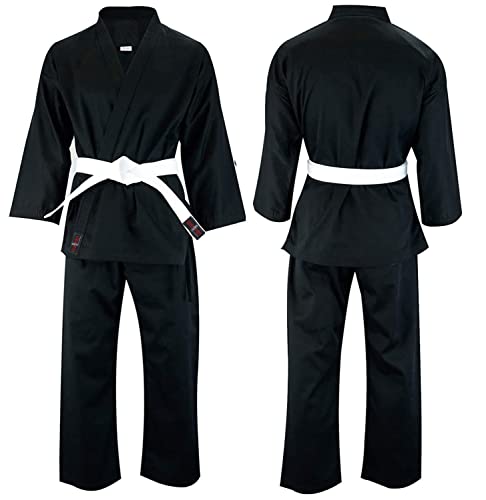 Vader Karate-Anzug für Kinder, Erwachsene, aus Polyester-Baumwoll-Mischgewebe, leicht, für Karate-Uniform, Club, Training, Wettkampf, Kamino, Karategi mit weißem Gürtel, Schwarz, Schwarz , 000/ 110