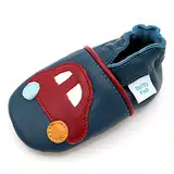 Dotty Fish Weiche Baby Kinder Lederschuhe mit weichen Wildledersohlen. Krabbelschuhe. Jungen. Marineblau und rot Auto. 12-18 Monate (21 EU)