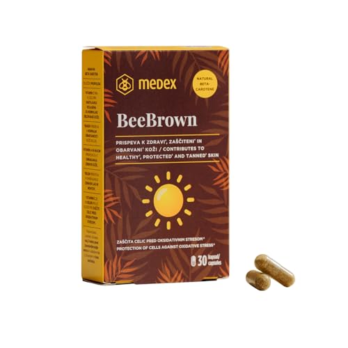 Medex BeeBrown Bräunungskapseln – Natürliches Beta Carotin hochdosiert, mit Propolis, Vitamin C, E, A, Niacin, Kupfer & Selen – Für gesunde, geschützte & gebräunte Haut – 30 Kapseln