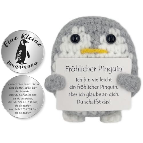 Tixlux Pocket Hug Fröhlicher Pinguin, Kreative Strickwolle Pinguin Puppe und Kleine Umarmung Glücksbringer, Mutmacher Geschenk, Gute Besserung Geschenk, Einschulung Geschenk (Grau)