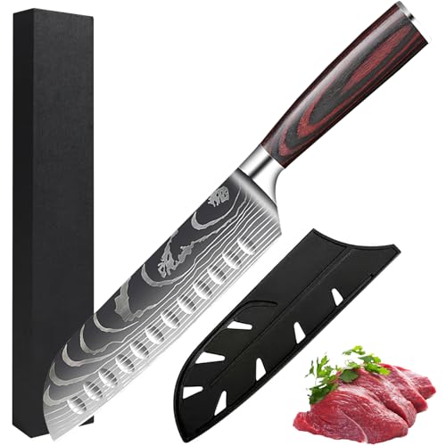 Camkum Kochmesser, Santoku Messer 7 Zoll Scharf Sushi Messer Fleischmesser, Japanisches Messer aus Hochwertigem Carbon Edelstahl, Geschenkverpackung inklusive Scheide