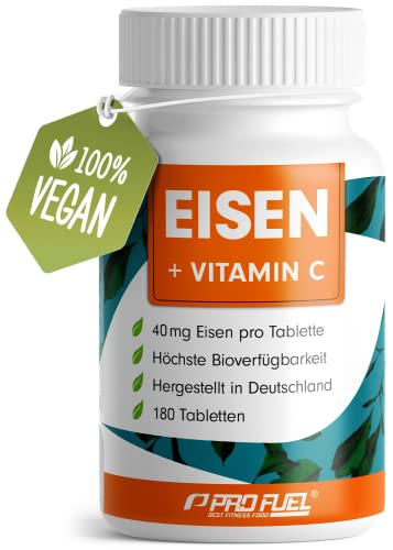 Eisentabletten 180x mit 40 mg Eisen + Vitamin C (40mg) aus Hagebutten - Tabletten VEGAN mit bioverfügbarem, hochdosiert aus -Bisglycinat - ohne unerwünschte Zusatzstoffe