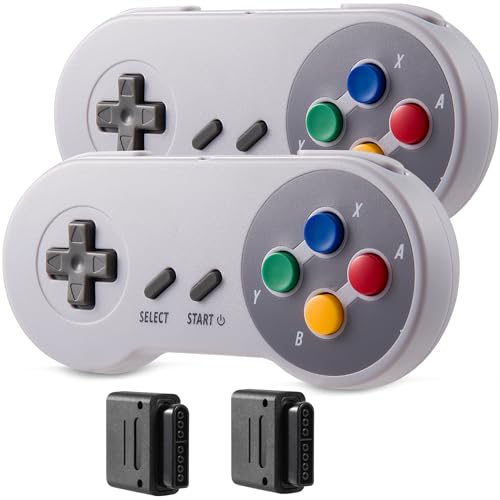 SAFFUN SNES-Controller, kabellos, 2,4 GHz, kompatibel mit original SNES/SFC – [Plug-and-Play] [wiederaufladbar] – [500 mAh Akku] (mehrfarbige Tasten)