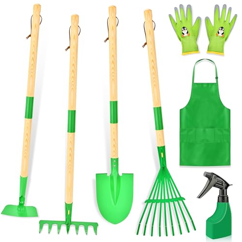 IEEILULU Kinder Gartengeräte Set, Gartenwerkzeug Kinder aus Holz 7 Teilig, Gartenspielzeug Abnehmbar mit Schürze Gießkanne, Outdoor Garten Spielzeug für Jungen Mädchen ab 3 Jahre (Grün)