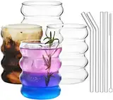 ALINK Gerippte Trinkgläser mit Glasstrohhalmen 4er Set, 350ml Eiskaffeegläser, Wave Gläser Tumbler, Wassergläser,Longdrinkgläser,Trinkgläser, für Cocktail,Wasser, Soda, Geschenk mit Pinsel