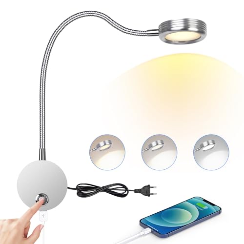 Leselampe Wandmontage, LED Bettleuchte Wandleuchte mit Touch Button Einstellbar Licht 3000-6000K, 4W Bettlampe 360° Flexible Schwanenhals Lampe mit USB-Ladeanschluss für Bett, Schlafzimmer, Silber