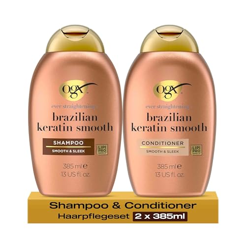 OGX Brazilian Keratin Smooth Set – Shampoo (385 ml) & Conditioner (385 ml) glättende Haarpflege mit Kokosöl, Avocadoöl & Keratin für geschmeidiges & glänzendes Haar mit LipiPro Shield Technologiel
