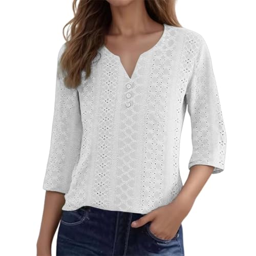Damen Oberteil 3/4 Arm V-Ausschnitt Bluse mit Knopfleiste Lochstickerei Tunika Lässiges Sommer Shirt Basic Tops Freizeitbluse Bequem Weich für Frauen Alltag Büro Elegant Einfarbig