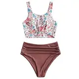 ZAFUL Zweiteiliger Bikini Set, verknotet Oberteil Tankini mit Blumenmuster Sexy Beachwear Sommer （XL,Blumen-Kastanienrot）