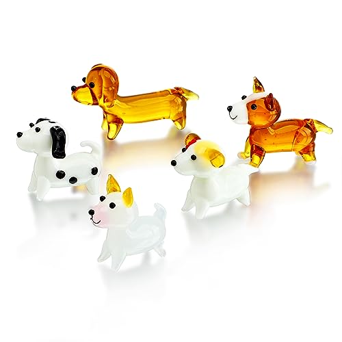 H&D HYALINE & DORA 5er Pack mundgeblasene Hundefiguren aus Glas, Miniatur Hundefiguren Set aus Glas mundgeblasene Glaskunst Tierfigur zum Sammeln, Heimdekorationsgeschenk