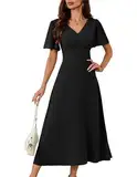 Frauen V-Neck Kleid Cape Ärmel A-Linie Chiffon Kleider Flowy Hochzeit Party Cocktailkleid Retro High Waist Langes Kleid Schwarz XL