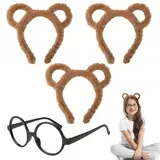 DAWRIS Streifenhörnchen-Set, 3 Stück Streifenhörnchen-Stirnbänder und Brille, Bärenohr-Stirnbänder, niedliche Cartoon-Ohr-Stirnbänder, braune Ohren, Stirnband, Halloween, Geburtstag, Party, Cosplay,