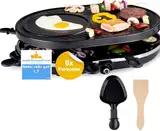 Raclette Set für 8 Personen - Grill oval - Mit Grillplatte & Crepes Funktion - Tischgrill inkl. Pfännchen & Schaber mit Steinplatte - (RUND)