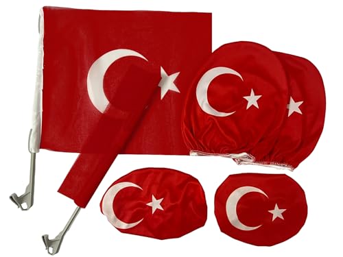 Türkei Auto Fanset 6 teilig, 2 Flaggen, 2 Kopfstützenfahnen, 2 Seitenspiegelflaggen, Türkiye EM Fanartikel Fahne Flagge Dekoration