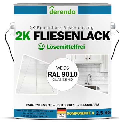 derendo 2K Fliesenlack weiß glänzend (RAL 9010) Epoxidharz mit Härter weiße Fliesenfarbe Badezimmer Fliesenlack 2K Lack Badewanne reinweiss für Innen & aussen (2.5, Kilogramm)