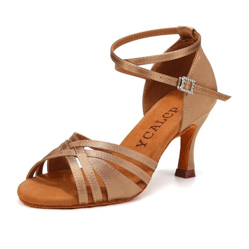 YCALCP Latein Tanzschuhe Damen Satin Professionelle Tanzschuhe Ballsaal Party Salsa Tanzschuhe Performance Schuhe,L3049-Hellbraun-7.5cm,EU 38