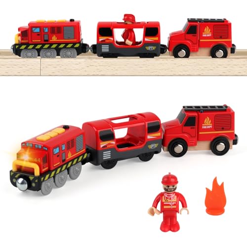 SKIKHN Holzeisenbahn Zug Feuerwehr-Löschzug, Batteriebetriebener Lokomotivzug, Feuerwehr Leiterfahrzeug mit Licht und Sound, Spielzeugauto für Kleinkind Junge Mädchen, Rot