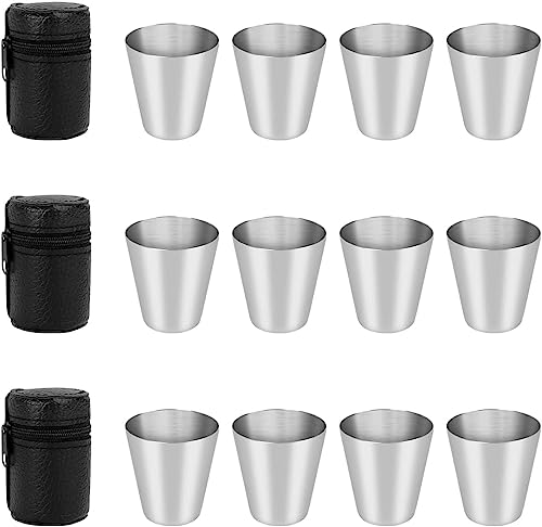 12 Stück Edelstahlbecher 30 ml Flachmann Becher, Schnaps Gläser aus Metall, Schnapsbecher Edelstahl, Metall Becher Set mit Leder Tasche, Tragbar Metallbecher für Outdoor Urlaub