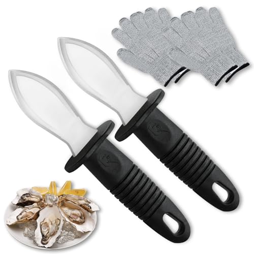 Unokit Austernmesser set 2 Stück Extra groß Austernmesser und Handschuhe 2 Stück Austernmesser mit Ergonomischer Griff Edelstahl Austernmesser mit Handschuhe für Austern Schalentiere Muscheln