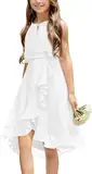 Haloumoning Mädchen Kleider Sommer Festlich Kleid Ärmellos Prinzessin Partykleid Brautjungfern Tanzen Ball Hochzeits Blumenmädchenkleid Weiß 150