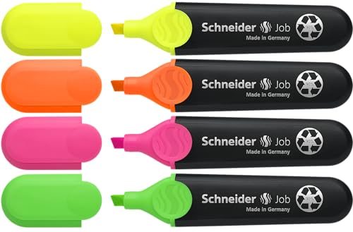 Schneider Job 150 Textmarker (aus recyceltem Kunststoff, ausgezeichnet mit Der blaue Engel) 4er Etui sortiert