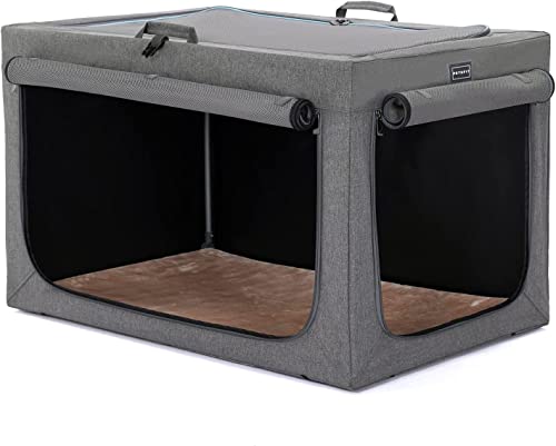 Petsfit Hundebox faltbar für mittlere Hunde, Hundebox für Zuhause Zimmerkennel Hund Verstellbares Design Transportbox Hund, Reißfeste Netzfenster & verdickte plüsche Betteinlage,Grau,M