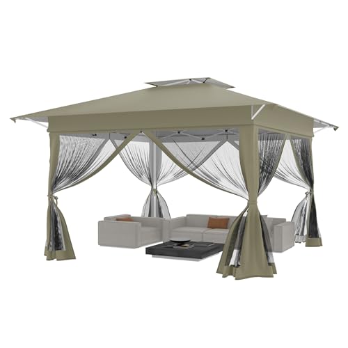YRHome Khaki Pop Up Pavillon 4x4m Gartenzelt Stabil wasserdicht & Winterfest Faltpavillon Doppeldach 4 Moskitonetzen UV-Schutz höhenverstellbar 210D Oxford-Gewebe inkl. Tragetasche Für Garten