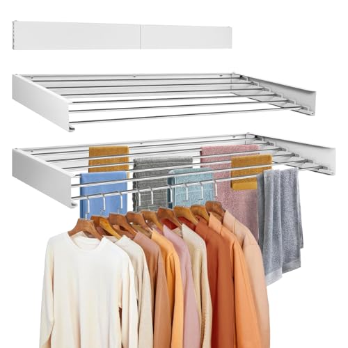 Wandmontiertes Trockengestell, 100 cm, faltbarer Wandgarderobe, einziehbarer Wäscheständer, 6 Aluminiumstangen, platzsparend, zusammenklappbar, Wand-Trockenständer für drinnen und draußen (weiß)