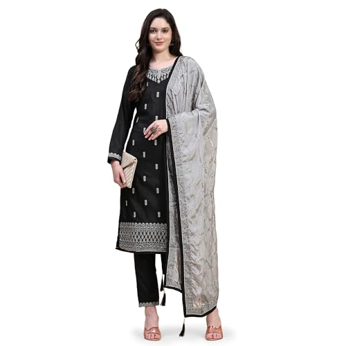 Trendmalls Damen Satin Baumwolle Stickerei Salwar Anzug Set Kurta Hose mit Dupatta Schwarz, Schwarz, Medium