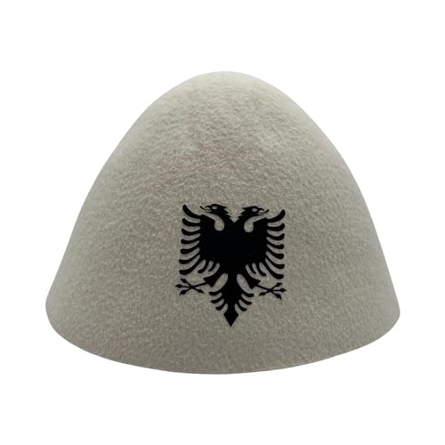 Albanischer Plis - traditionelle albanische Kopfbedeckung - Albanische Qeleshe aus 100% Baumwolle - Plis aus 100% Baumwolle (Herren Plis in Beige mit Doppelkopfadler, Einheitsgröße)