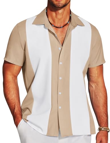 COOFANDY Herren Bowling Shirts Retro Hawaii Urlaub Kurzarm Kleid Shirt, Helles Khaki-Weiß, L