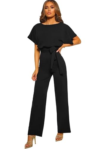 Haibang Jumpsuit Damen Sommer Elegant O-Ausschnitt Overall Lang Romper Lässig Kurzarm Einteiler Hosenanzug Festlich Playsuit Mit Gürtel Weites Bein Hose