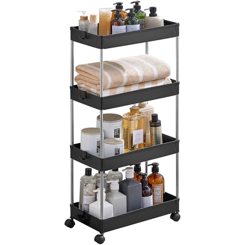 SONGMICS Rollwagen, Küchenwagen mit 4 Ebenen, Küchenregal, Nischenregal, mit 6 Haken, 360° drehbare Räder, Stahlgestell, Bad, Küche, Büro, schwarz KSC010B01