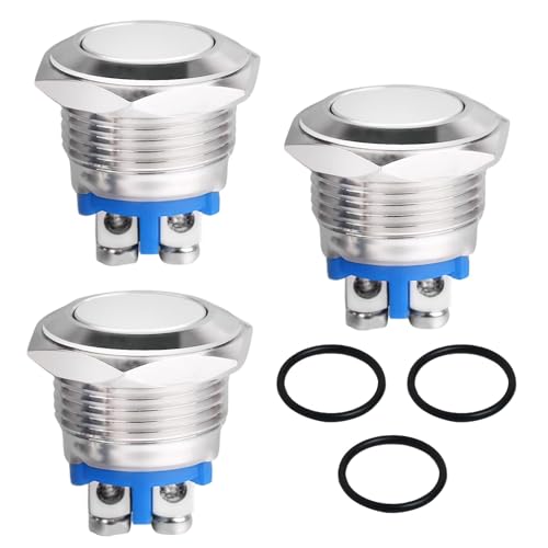 19mm Momentan Taster 12V 5A AC/DC220V Flachkopf Drucktaster IP65 Wasserdicht - 3 Stück Schraubklemmen Klingeltaster Normalerweise Geschlossen Edelstahl Druckschalter für Autos Zündanlagen Türklingeln