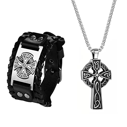 Cupimatch Herren Kreuz Kette Armband Set aus Edelstahl Halskette Ohrringe Set Gold Jesus Kreuz Anhänger Kette Schmuck Set Lederarmband Armkette Geschenk für Herren Schwarz