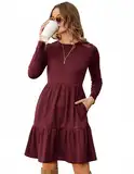 Zeagoo A Linien Kleid Damen Langarm Rundhals Herbstkleid Elegant Knielang Strickkleid Casual Gestrickt Pulloverkleid Einfarbig Midikleid Weinrot Kleider L