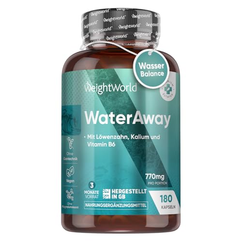 Water Away Kapseln - 11 in 1 Komplex für 3 Monate - Mit Apfelessig, Grüner Tee, Löwenzahn, Kalium - 180 vegane Entwässerungskapseln - Alternative zu Brennnessel Entwässerungstabletten - WeightWorld