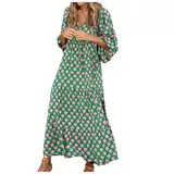 Kleid Damen Sommer Elegant V-Ausschnitt Lang Sommerkleid Boho Blumenkleid RüSchen Strandkleid A Linie FließEnd Maxikleid