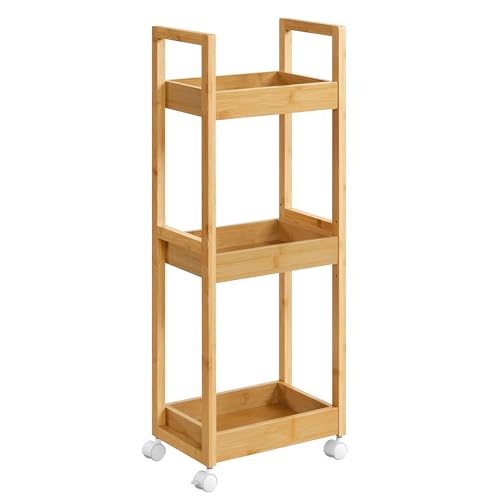 SONGMICS Rollwagen, Badregal, Badezimmerregal mit 3 Ebenen, Nischenregal Bambus, Regal schmal, Nischenwagen auf Rollen, platzsparend, 20 x 30 x 80 cm, naturbeige BCB083N01