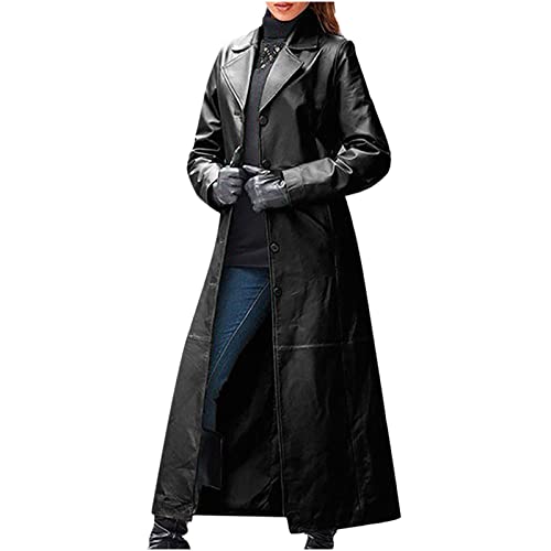 TRIGLICOLEUM Ledermantel Damen Einfarbige Windjacke aus Kunstleder Winterjacke mit Langem Turnkragen Lässiger Langarm Leder Cardigan Gothic Übergangsjacke Warmer Oberbekleidung