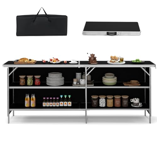 COSTWAY Campingschrank faltbar, tragbare Campingküche mit 2-stöckigen Regalen, Camping Faltschrank aus Aluminiumgestell, inkl. Tragetasche, für Picknick, Grillen, Partys, 206 x 38 x 83 cm